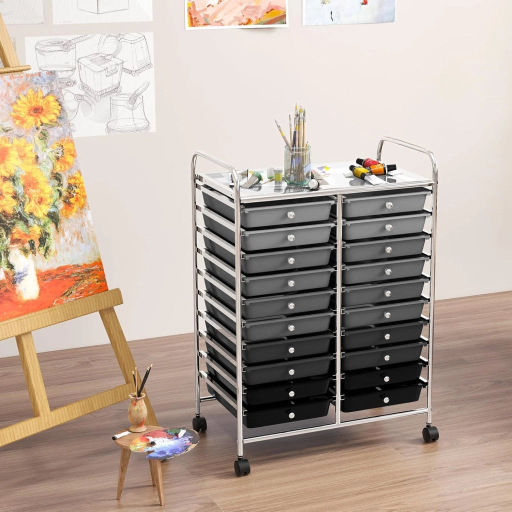 Carrello di Stoccaggio con 20 Cassetti, Carrello portaoggetti con 4 Ruote, Carrello Multiuso per Scuola Ufficio Cucina, 64 x 39 x 88 cm (Nero sfumato)