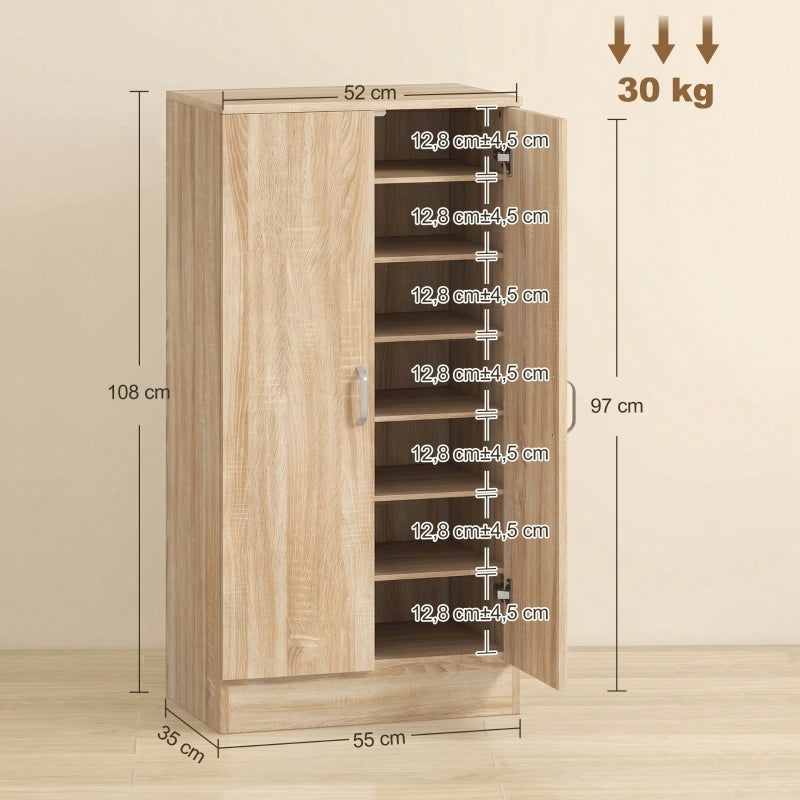 Scarpiera con 2 ante per 14 paia scarpe ¨C Minimal ¨C Legno naturale, 6 ripiani regolabili con chiusura ammortizzata