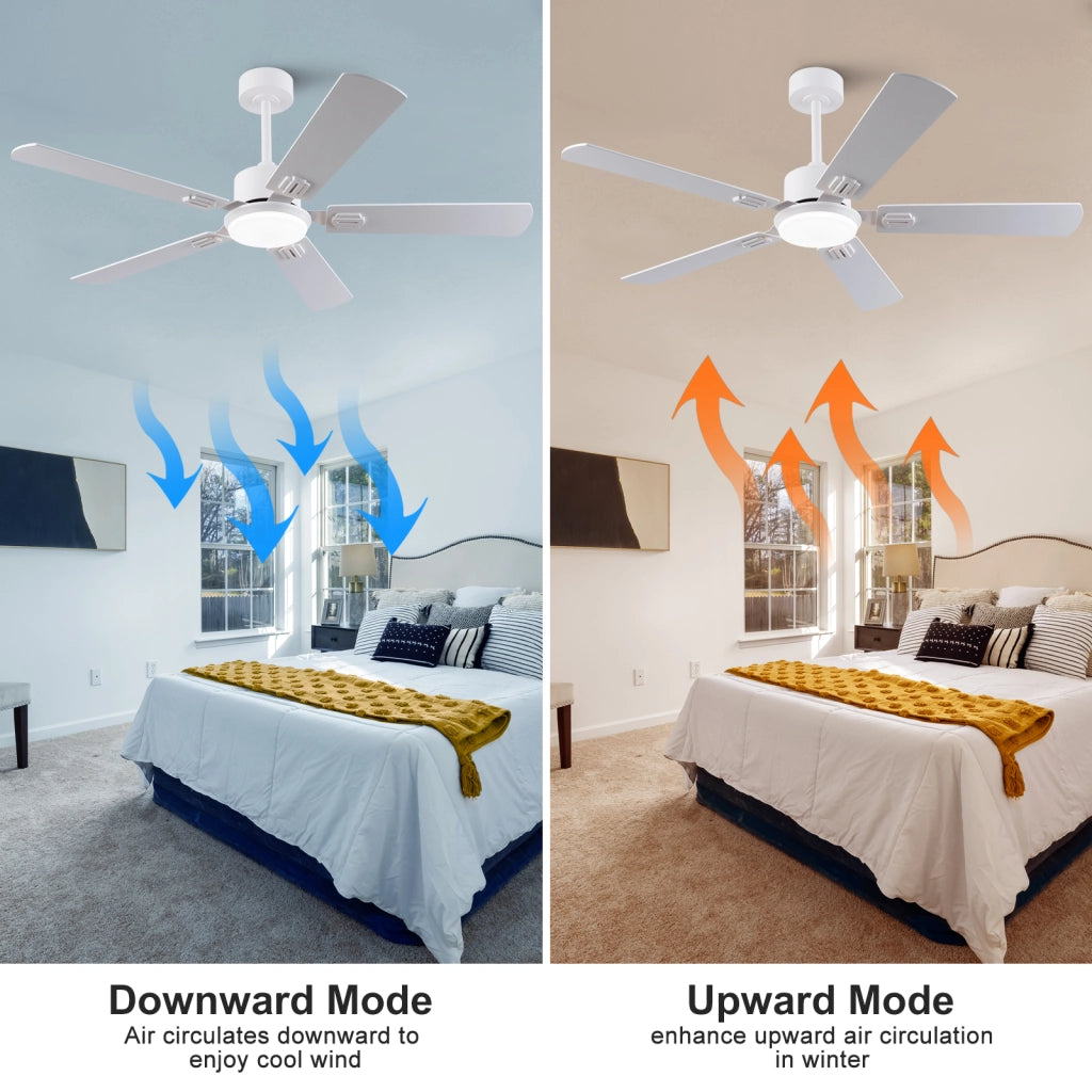 Ventilatore da soffitto con luce LED dimmerabile; telecomando e finitura bianca e rovere chiaro