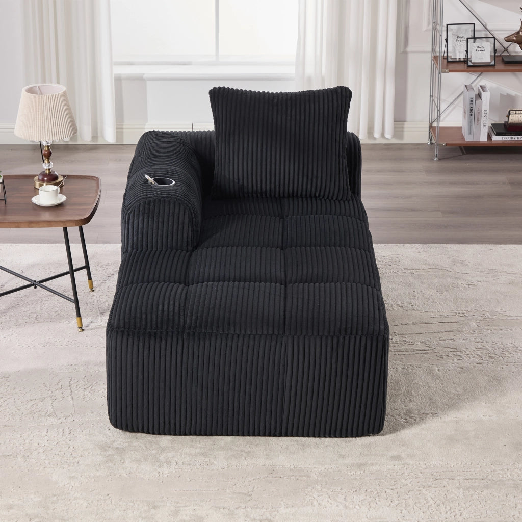 Divano compatto 158x93x61 cm con tasche laterali e portabevande; tessuto a coste nero; portata 200 kg