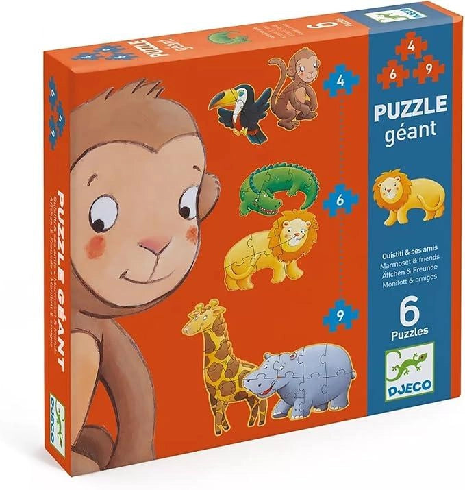 Puzzle Gigante animali,Ouistiti & Amici, contine 6 puzzle di animali,Djeco Eta 2+