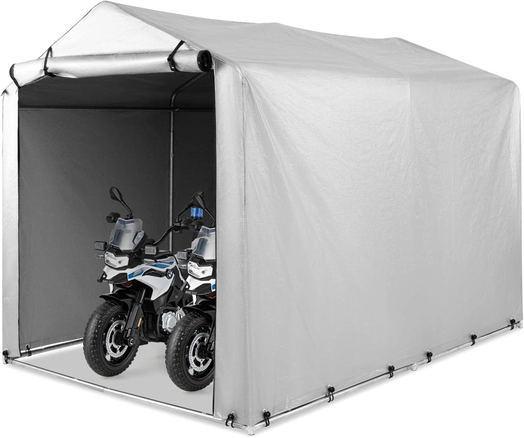 Capanno di Stoccaggio per Esterni, Garage Portatile per Biciclette, Motociclette, Attrezzi da Giardino, Carport per Bici con Porta a Rullo e Cerniera, 160 x 218 x 164 cm (Grigio Argento)