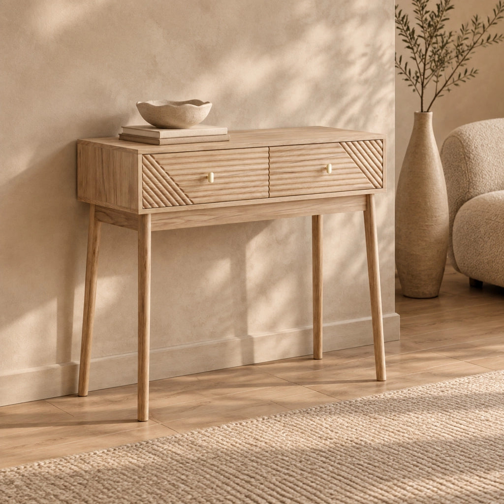 Consolle da ingresso 100x35x80 cm in MDF effetto rovere con 2 cassetti