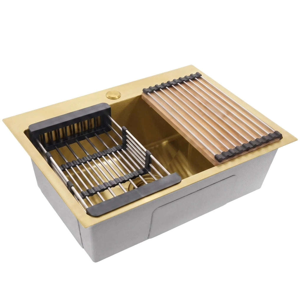 Lavello In Acciaio Con Set Di Accessori 3 Pz. Rea Liam Brush Gold Accessori beige