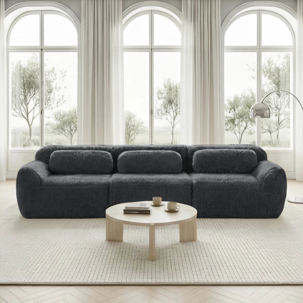 Divano Modulare 3 Posti con Design Ergonomico e Base Antiscivolo, in Peluche Grigio