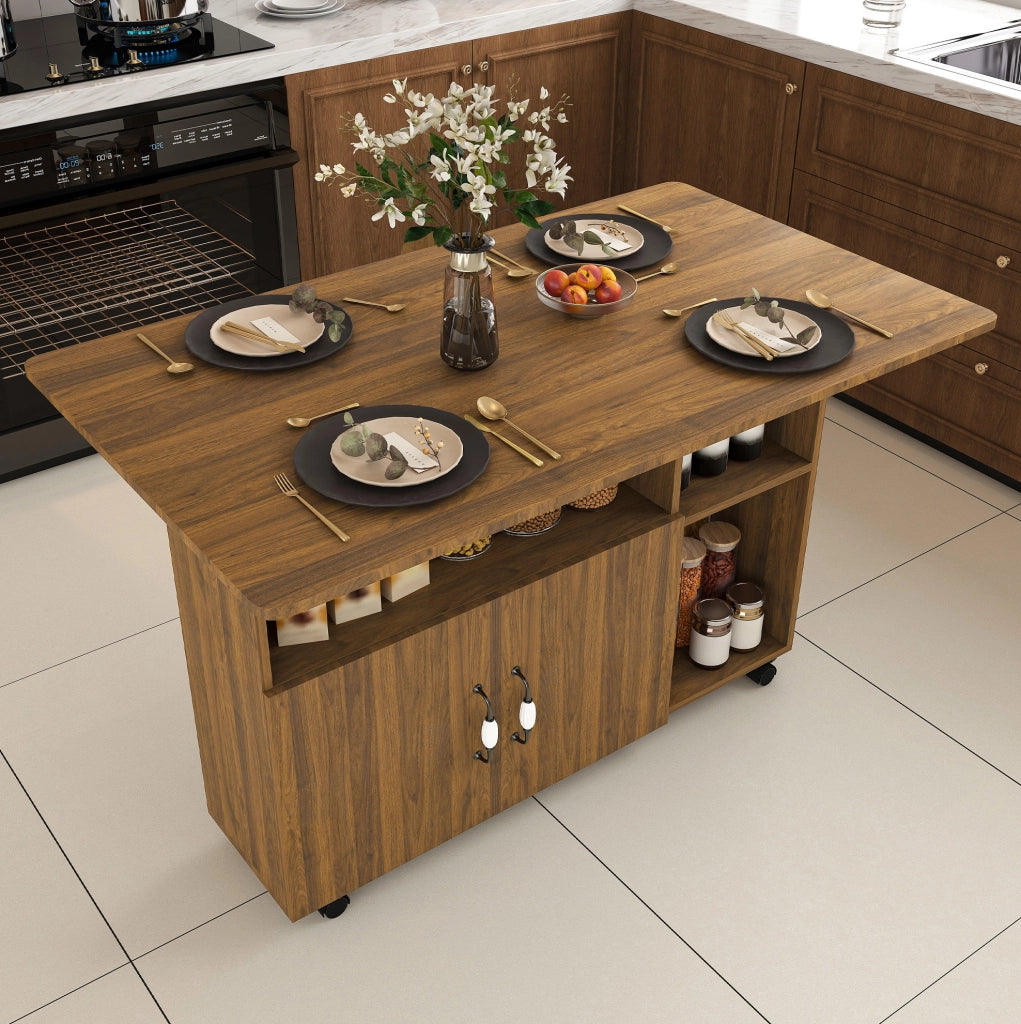 Tavolo pieghevole su ruote 110x70x80 cm con ripiani noce