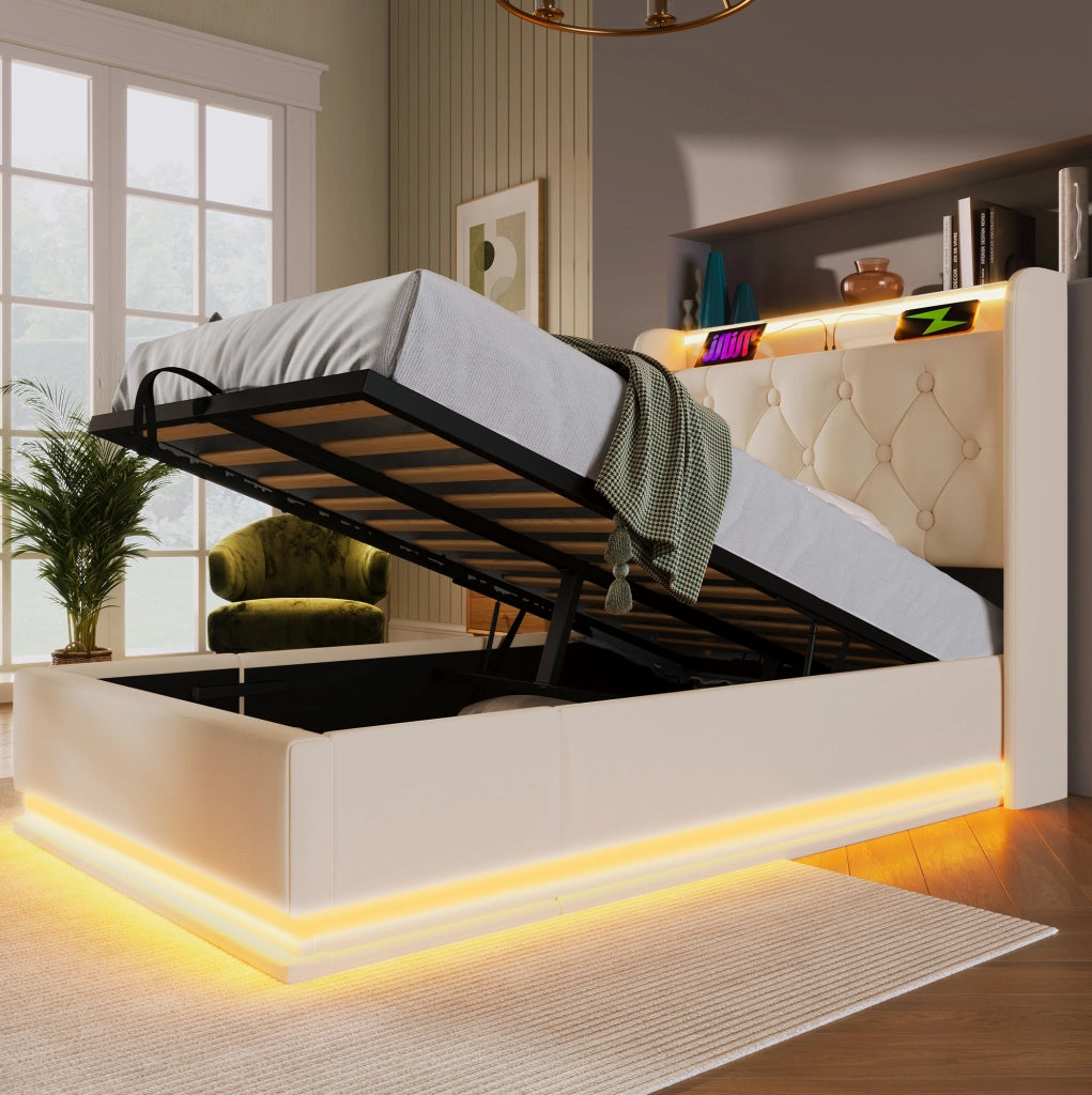 Letto imbottito singolo con LED 360°; USB e Type-C; contenitore idraulico; 90x200 cm; bianco PU