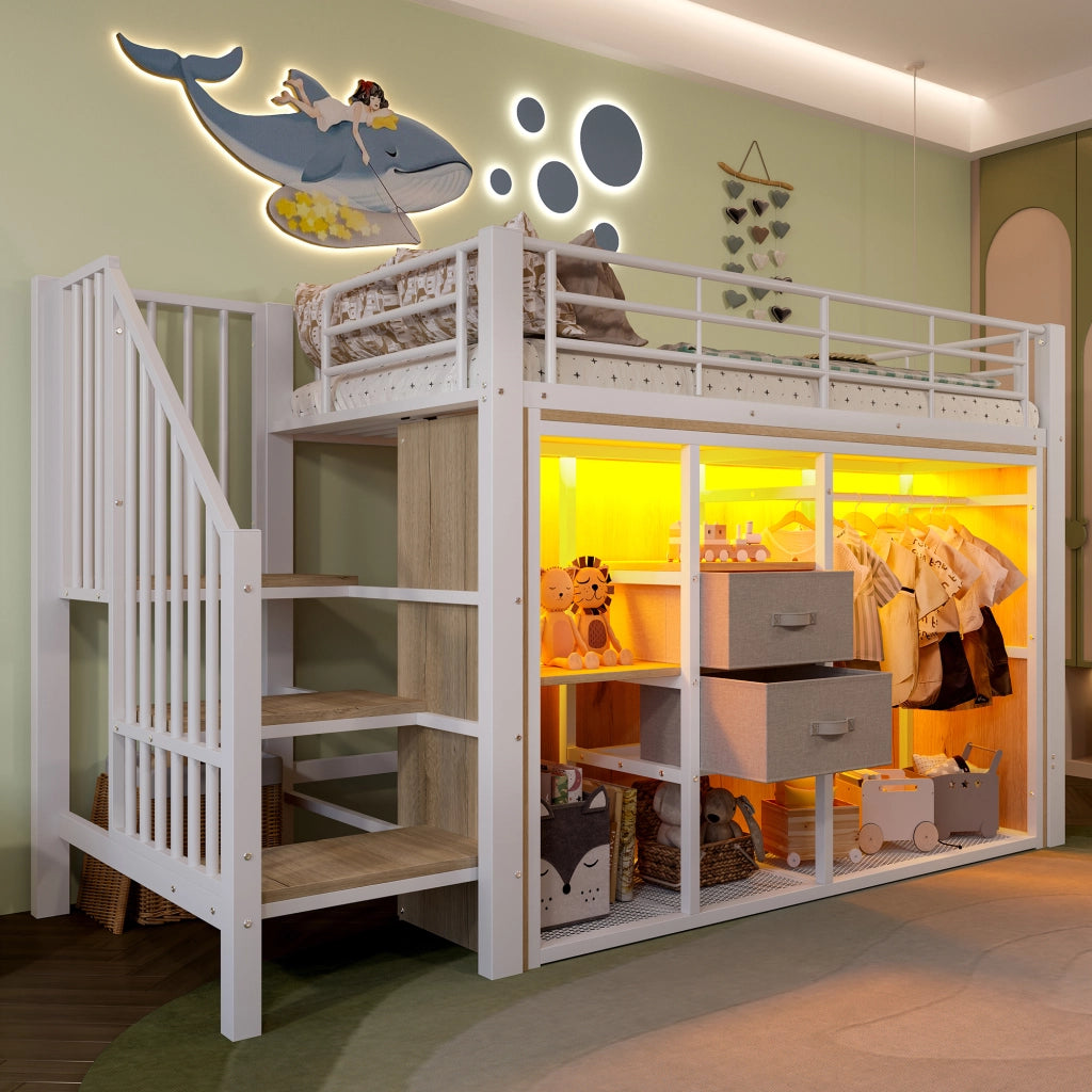Letto a soppalco 90 × 200 cm con 2 cassetti LED multicolore metallo e MDF bianco