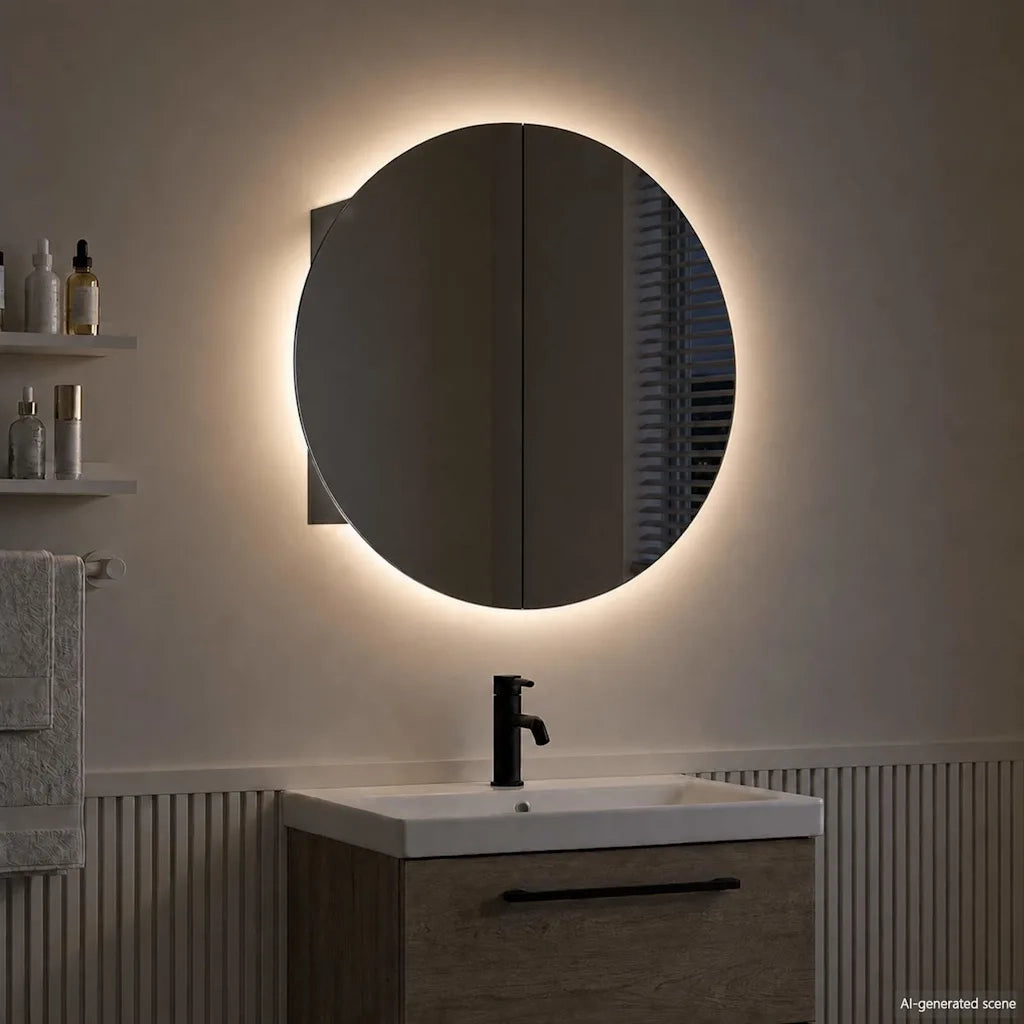 Armadio da Bagno con Specchio Rotondo e LED Nero 54x54x17,5 cm 345588