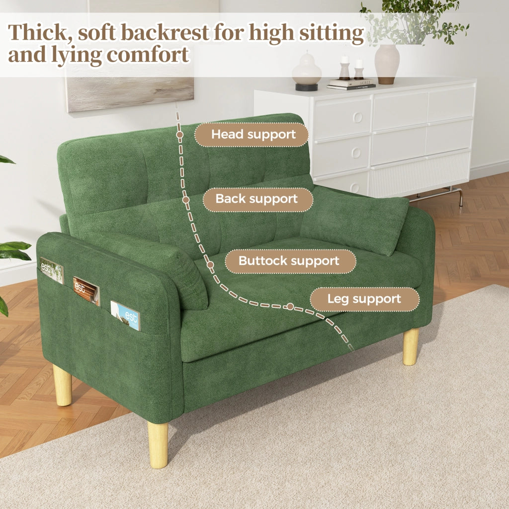 Divano 2 posti compatto con tasca laterale e 2 cuscini rimovibili in ciniglia verde 119 × 78 × 85 cm