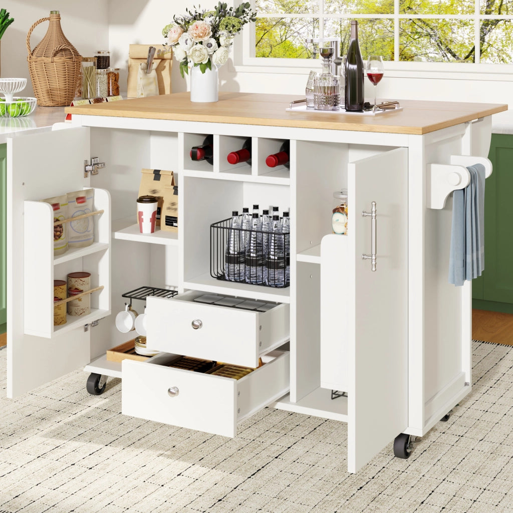 Isola cucina con piano ribaltabile 137,9 x 73 x 92,2 cm, 2 cassetti, ruote girevoli e vano portabottiglie, bianco