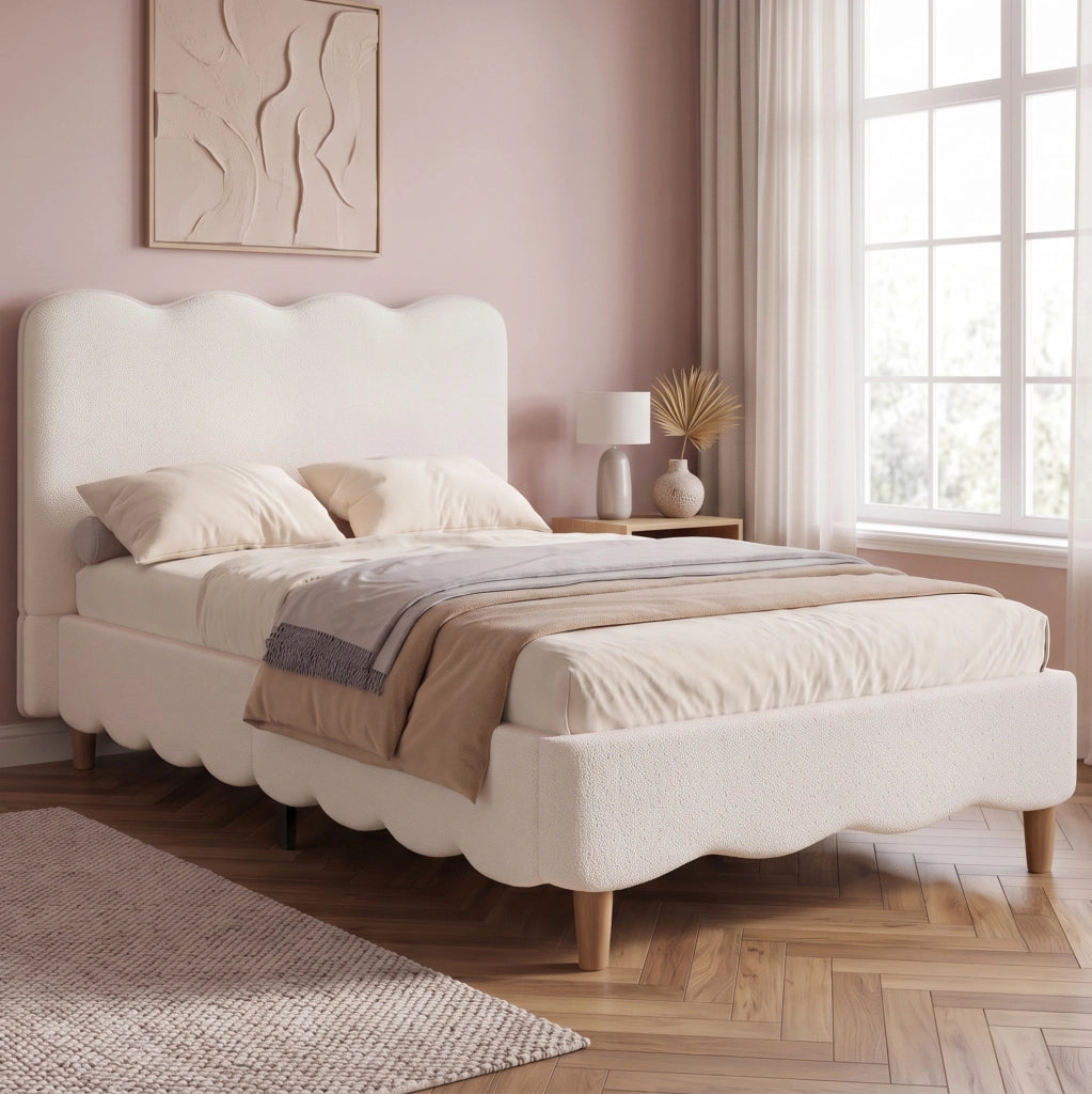 Letto imbottito 90x200 cm con rete a doghe; testiera in bouclé bianco