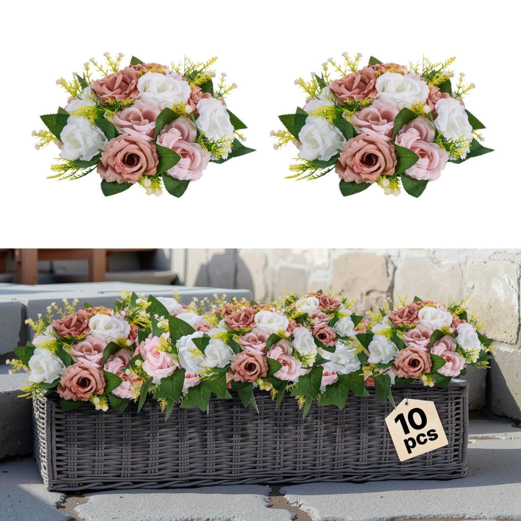 Centrotavola di Rose Artificiali 10 Pezzi JN-HQ-02, Diametro 24 cm in Seta per Casa Feste e Matrimonio, Bianco e Rosa