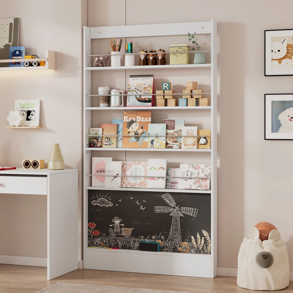 Set Scrivania e Libreria per Bambini 2 Pezzi con 5 Cassetti, 4 Ripiani e Lavagna, Bianco