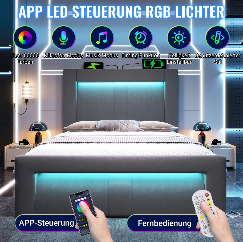 Letto singolo contenitore 90 × 200 cm con LED; USB e Type-C; velluto grigio