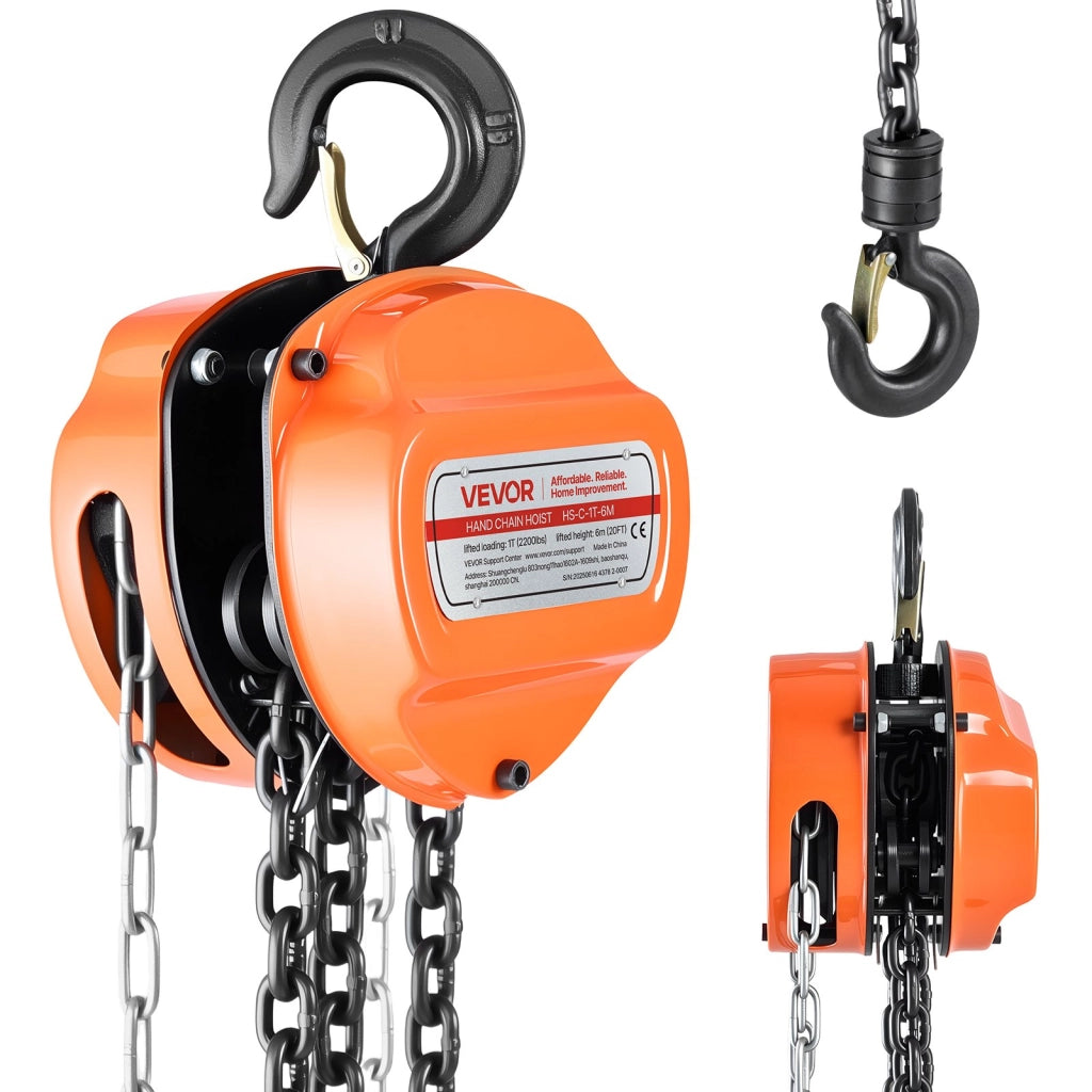 Paranco a Catena Manuale HS-C-1T-6M 1 T Sollevamento 6 m Catena G80 in Acciaio Legato per Officina e Magazzino Arancione