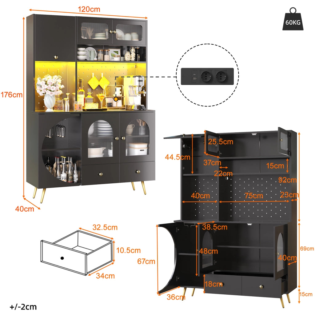 Credenza alta con LED, prese USB e 2 prese AC, 120×40×176 cm, nero
