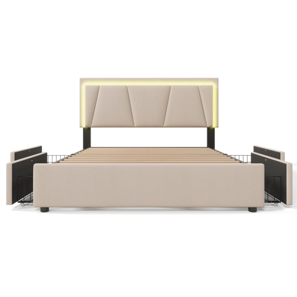 Letto imbottito con 4 cassetti illuminazione a LED 160x200 cm legno beige