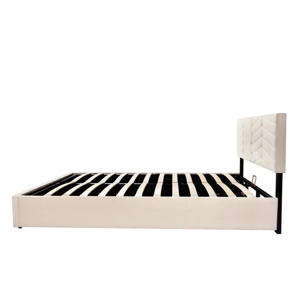 Letto imbottito 140x190 cm con rete a doghe regolabile e testiera in velluto beige