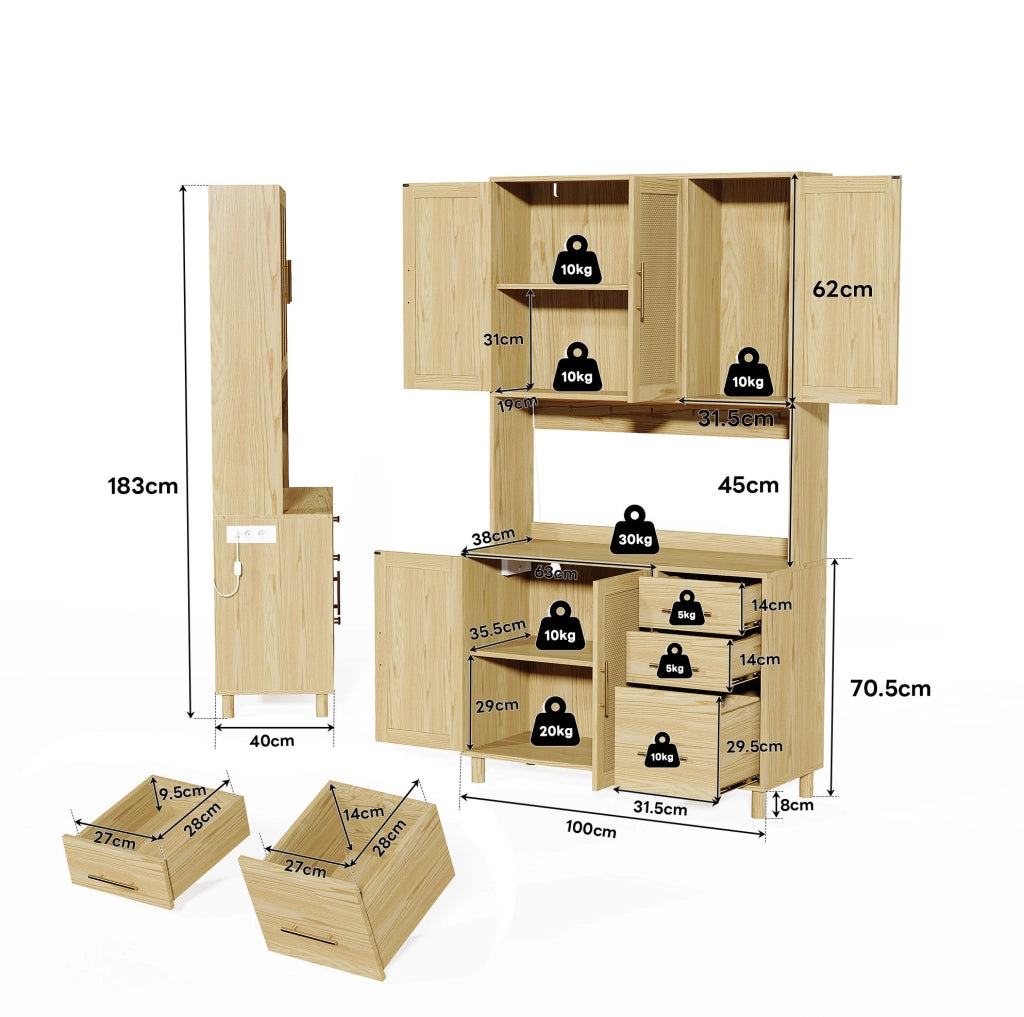 Credenza da cucina in MDF con LED multicolore; 2 prese; USB; 3 cassetti e ripiani regolabili; naturale