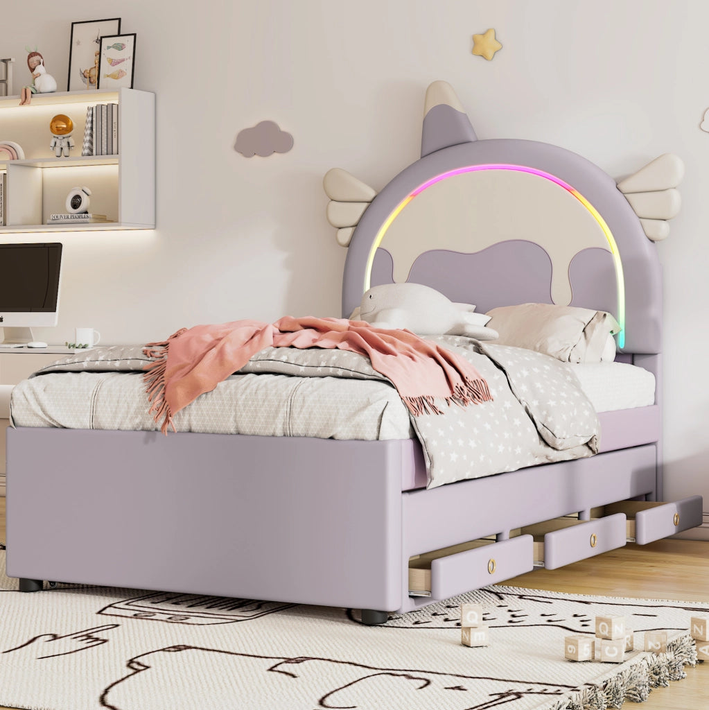 Letto per bambini 90x200 cm con letto estraibile e cassetti; PU e MDF; viola