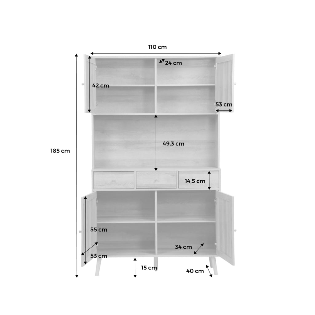 Credenza decorazione in legno e cannage 4 ante e 3 cassetti, 110cm,