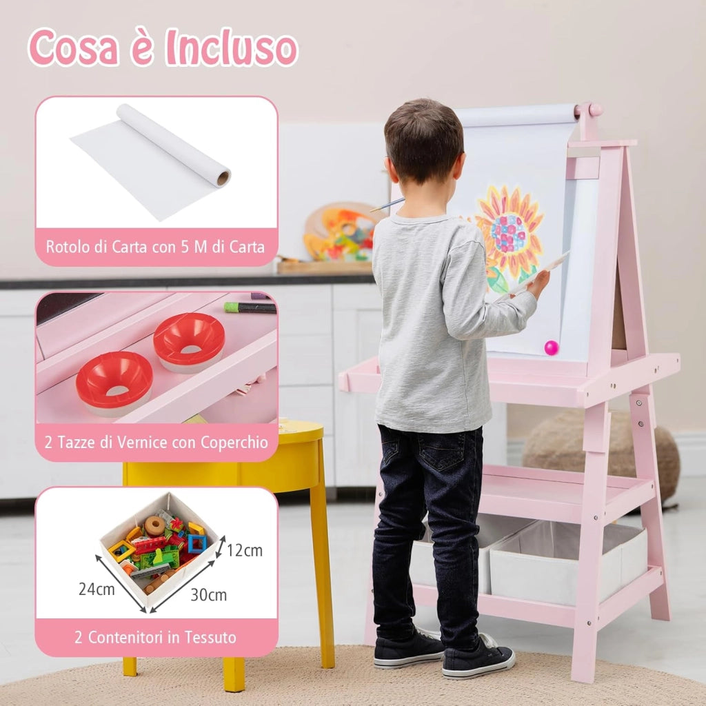 3 in 1 Cavalletto per Bambini con Doppia Faccia, Cavalletto per Disegno con 2 Vassoi e 2 Scatole, Lavagna Bambini in Legno (Rosa)