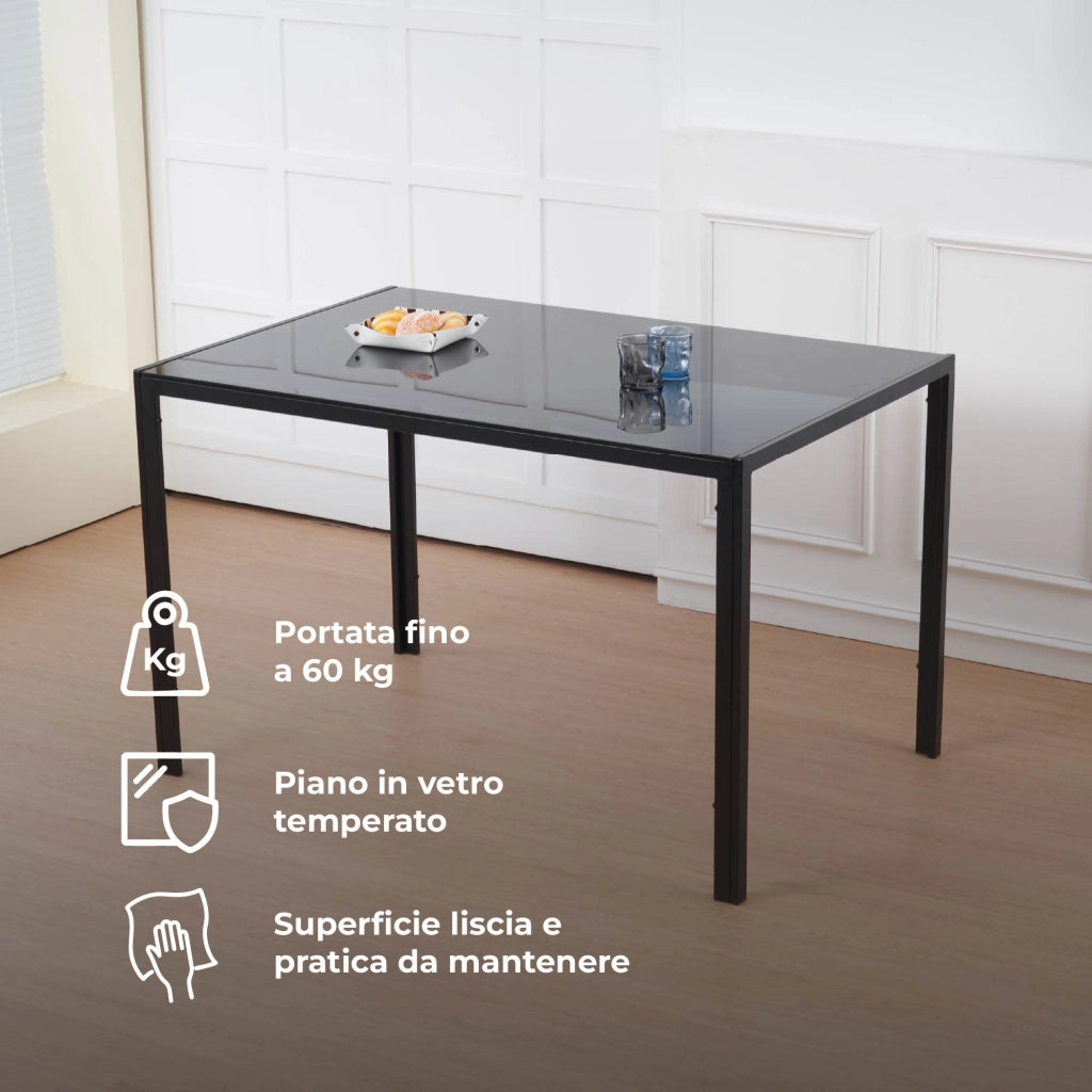 Set Sedie e Tavolo da Pranzo con Ripiano in Vetro Temperato e Sedia Imbottite in Similpelle Nera – Design Moderno, 4 o 6 Posti – Ideale per Cucina o Soggiorno   Nero - 4 Posti