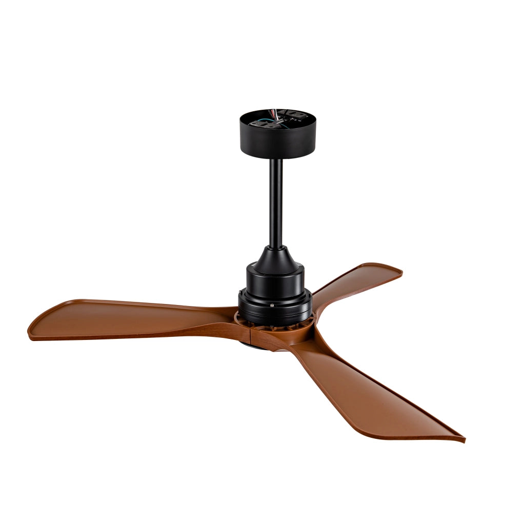 Ventilatore da soffitto con luce LED e motore DC reversibile; in ABS nero e noce scuro