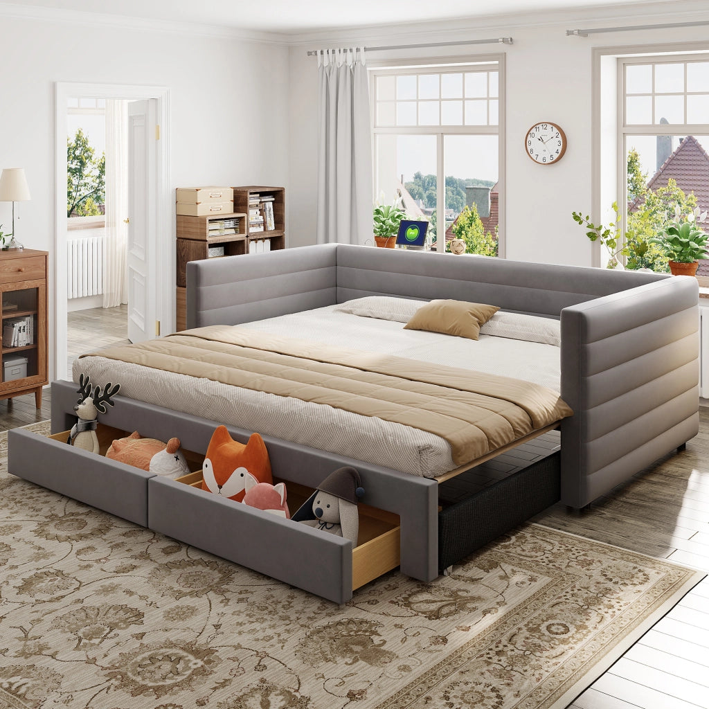 Divano letto 3 in 1 imbottito estraibile 90x190 cm in cotone e lino grigio; con cassetti