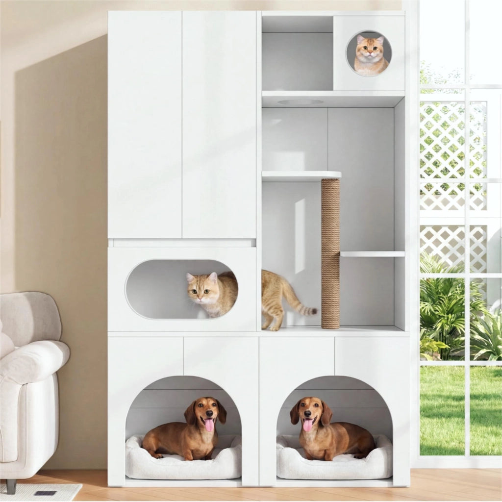 Armadio per lettiera gatti, con tiragraffi e zona relax, per 2 lettiere, adatto a cani e gatti, bianco, 140 x 45 x 195 cm