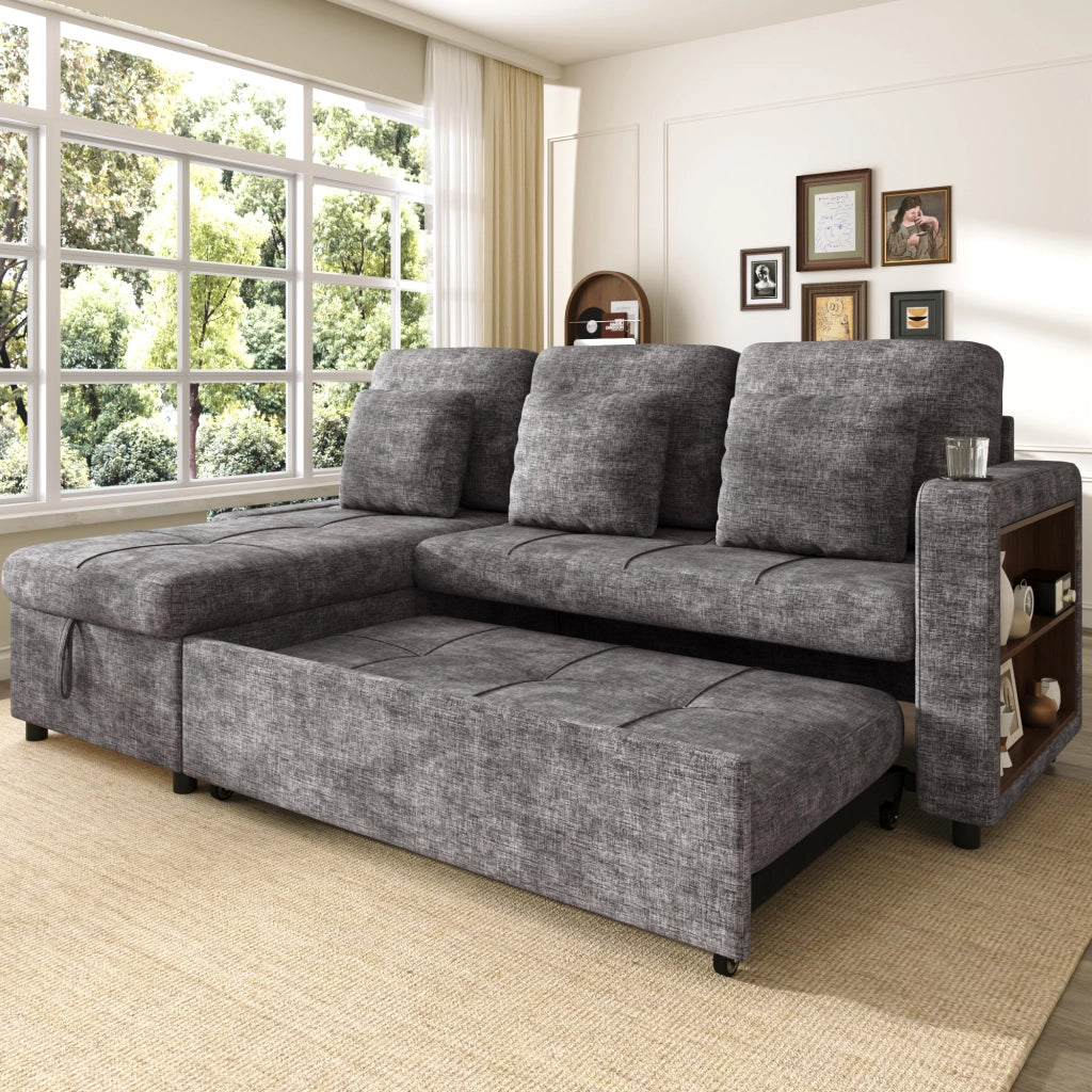 Divano letto 3 posti estraibile con récamiere contenitore portabicchieri tasche laterali in ciniglia grigio 201.3 × 126.1 × 86.1 cm