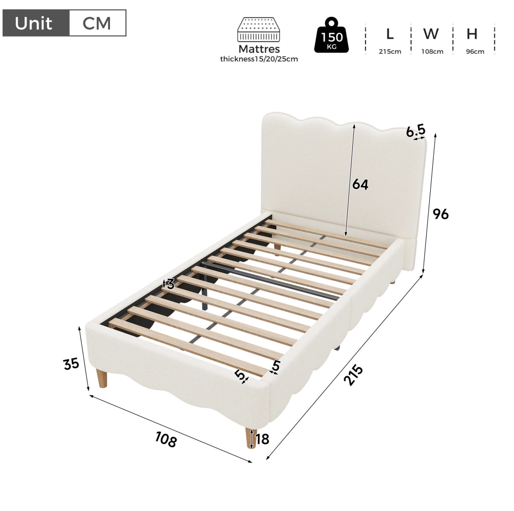 Letto imbottito 90x200 cm con rete a doghe; testiera in bouclé bianco