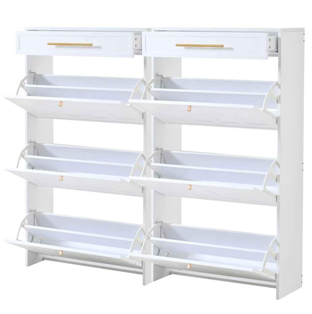 Mobile scarpiere bianco moderno in MDF con 12 ripiani e 2 cassetti, 140x25x123,5 cm