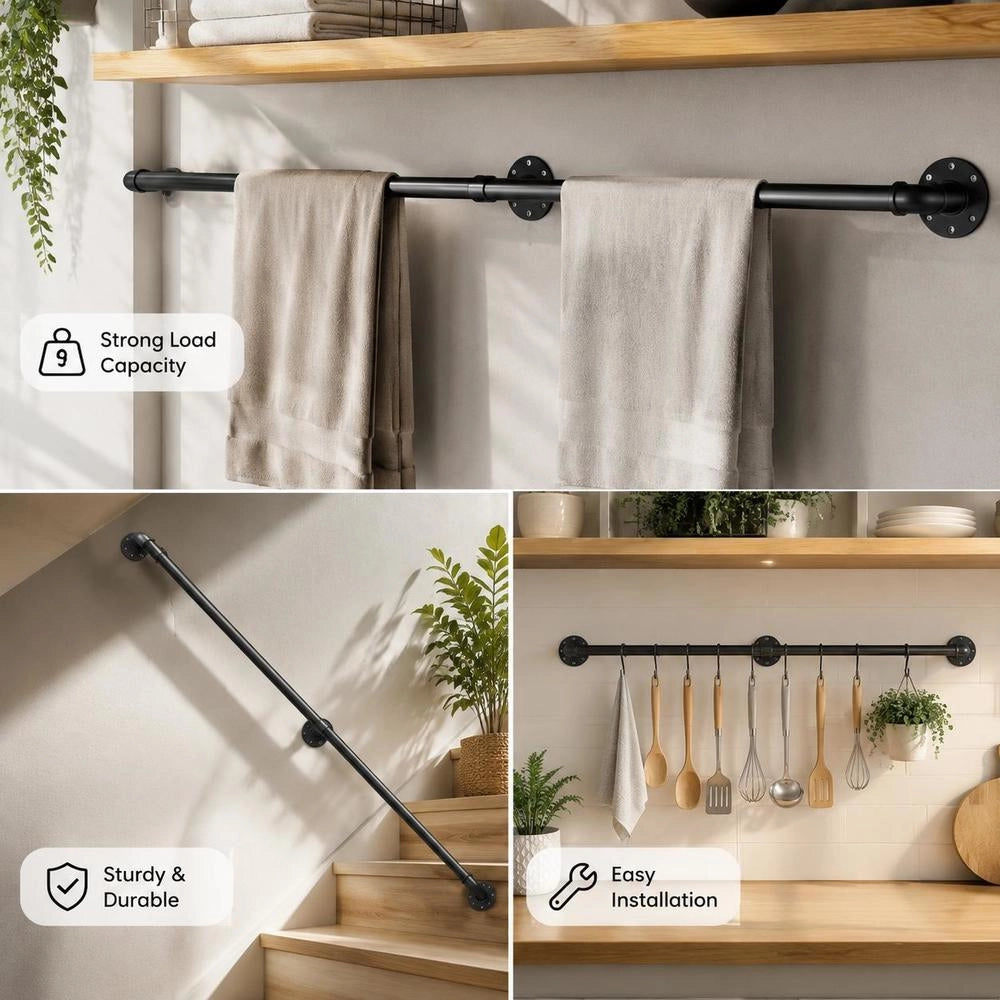 3x Retro Water Pipe Handrail 240cm Industrial Railing Safety Rail Carbon Steel 4x Wall Brackets Rustic Handrail 200kg Load Capacity Suitable For Indoor/Outdoor Handrails