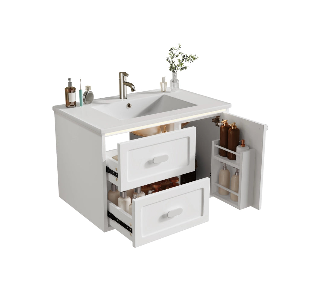 Mobile lavabo da bagno sospeso 76x46x51 cm in MDF laccato con lavabo in ceramica, 2 cassetti, LED con sensore radar, bianco