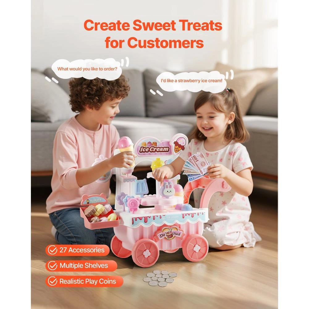 Carretto Gelati Bambini 27 Pezzi Accessori Negozio Giochi Carrello Soldi Finti Suoni Luci Educativi Rosa