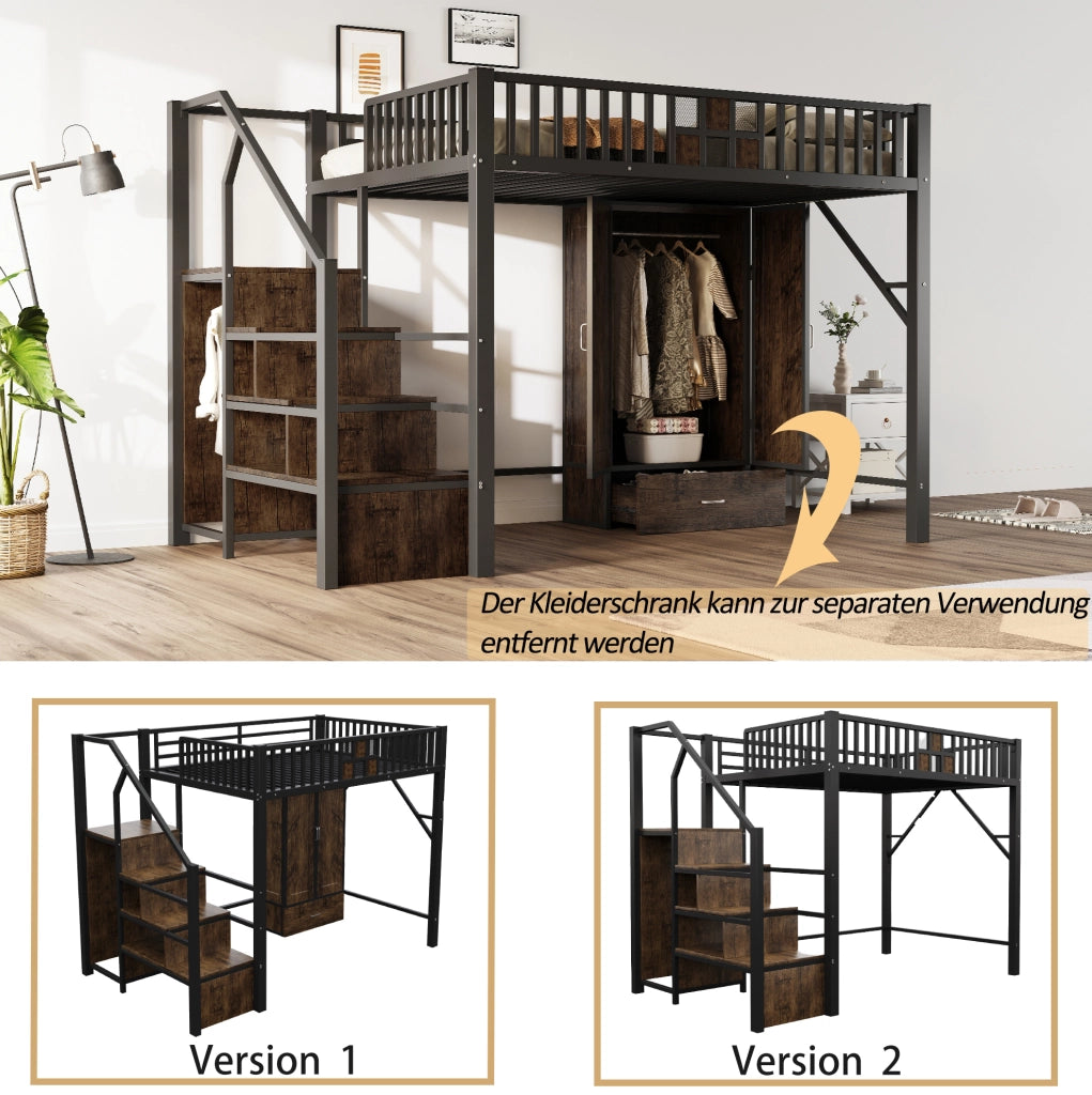 LETTO a soppalco 140 x 200 cm Nero in metallo e legno con armadio e scala