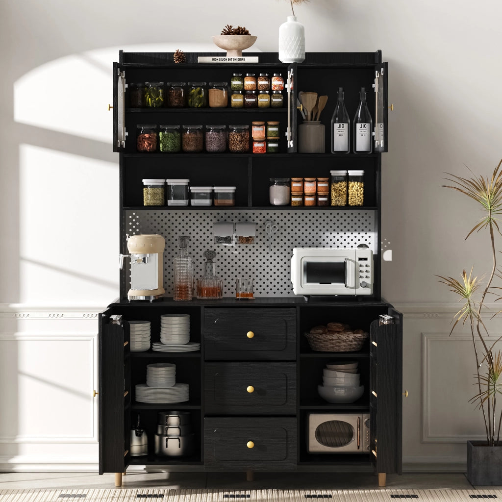 Credenza alta con 1 anta, 3 cassetti e pannello forato per cucina, in MDF, nera
