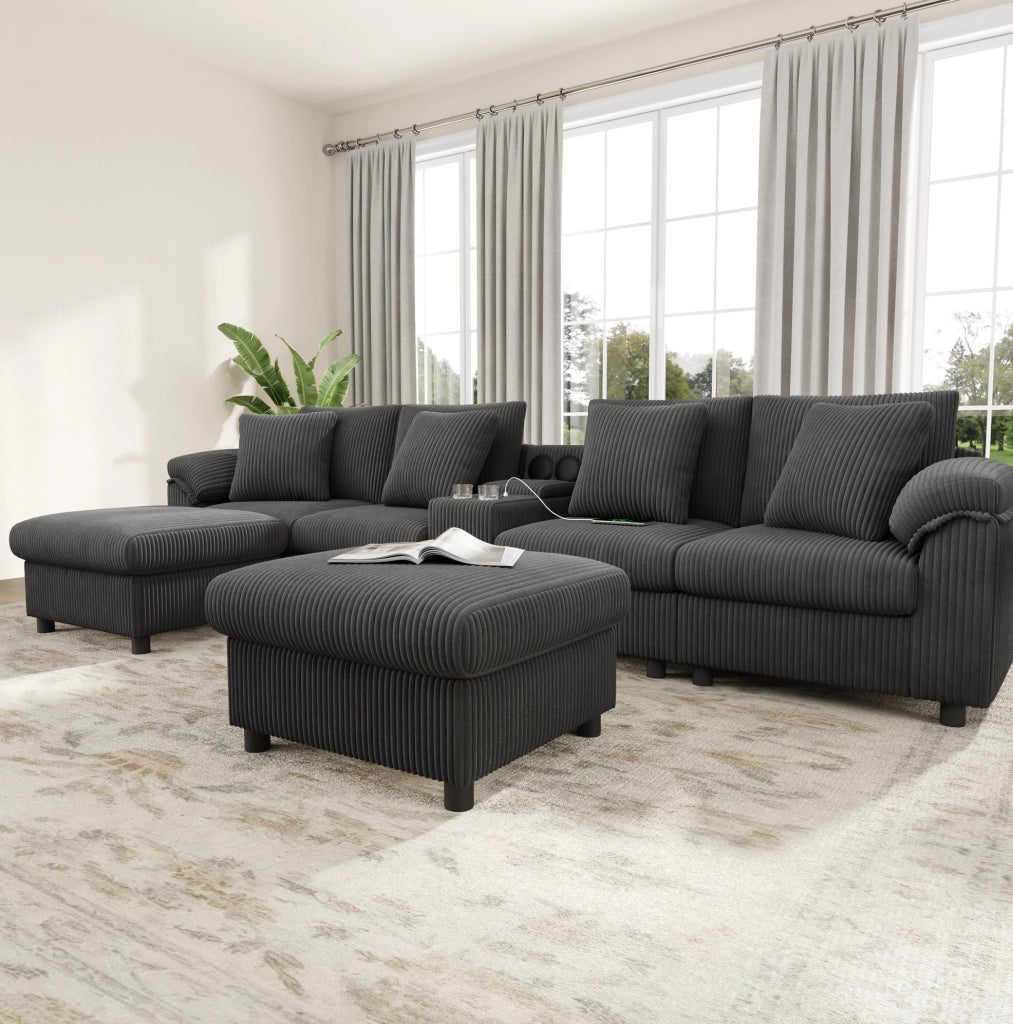 Divano modulare in velluto a coste con console Bluetooth; ricarica wireless USB/Type-C; grigio