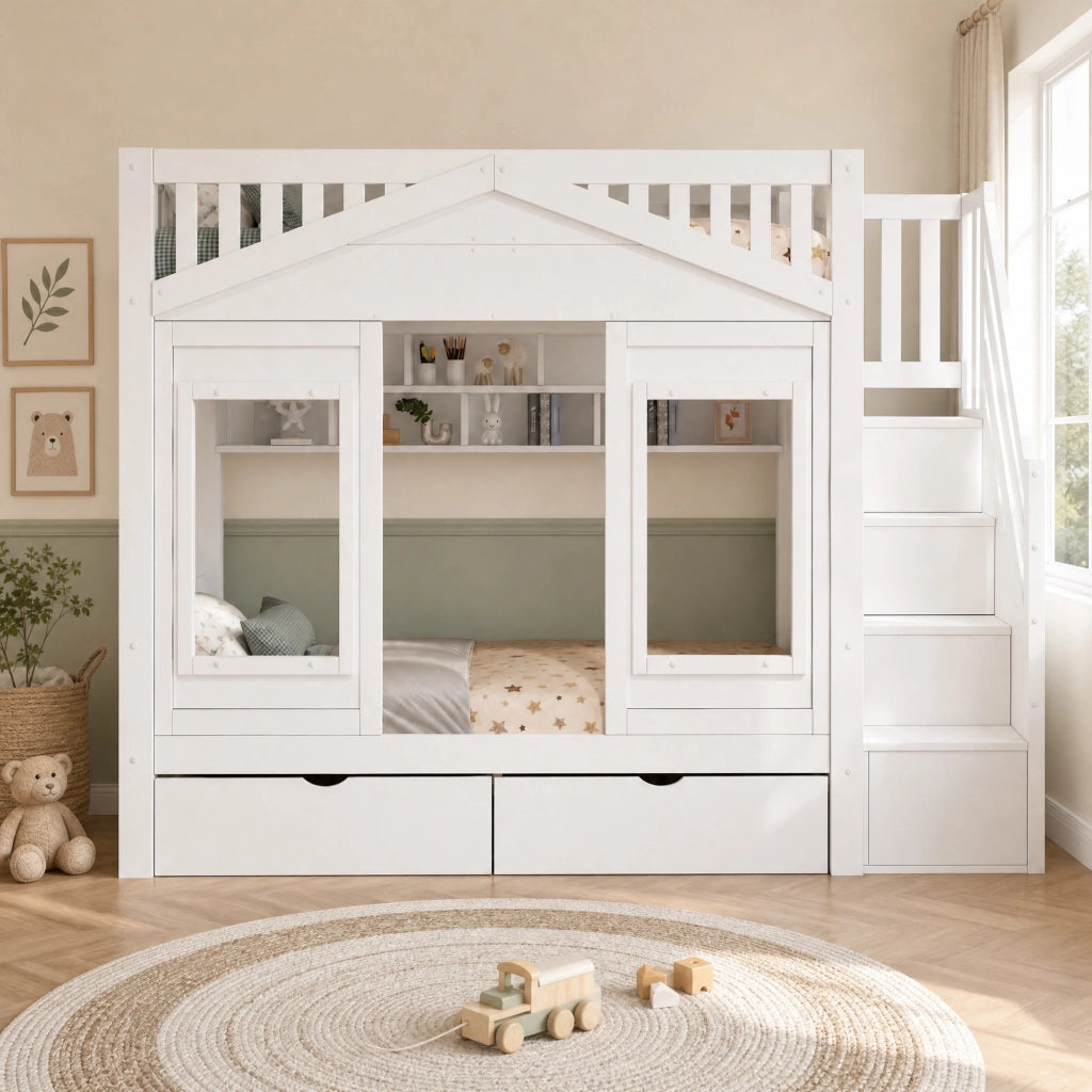 Letto a soppalco per bambini 90x200 cm con scala contenitore e cassetto in pino e MDF; bianco