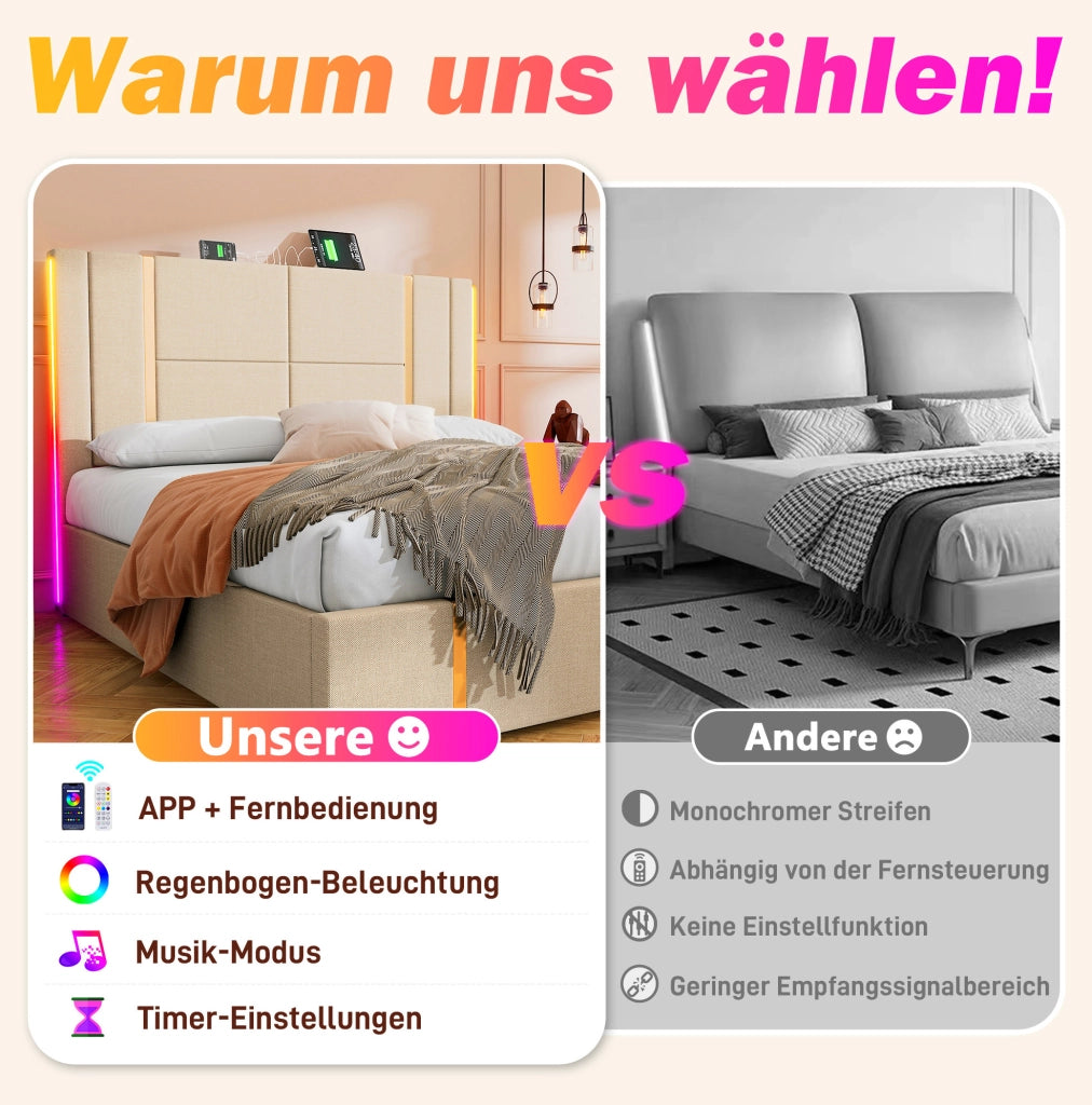 Letto imbottito 90x200 cm in lino beige con LED RGB, USB e Type-C, contenitore e rete a doghe