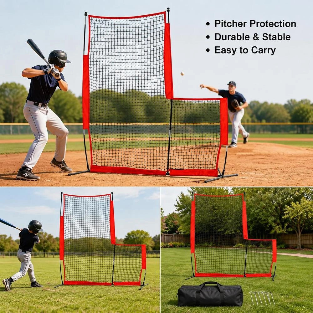 L-type Bat Cage 240 X 106 X 214 Cm Baseball And Softball Safety Screen Body Protection Portable Batting Screen With Carrying Bag & Ground Stakes, Outdoor Baseball Pitching Net Red