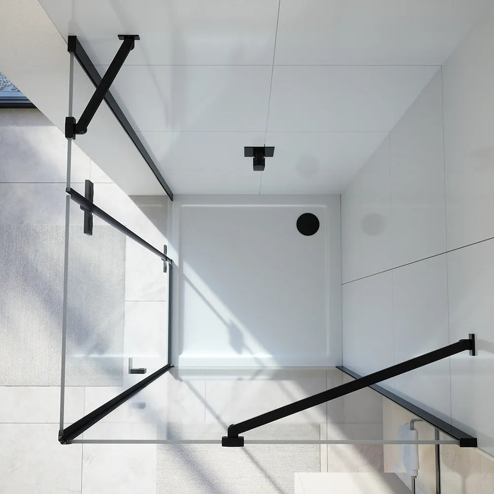 Box doccia 80x80 cm con apertura a battente lato sinistro con cerniere e parete fissa, profili nero opaco e vetro 8mm trasparente h195 | Fiji 