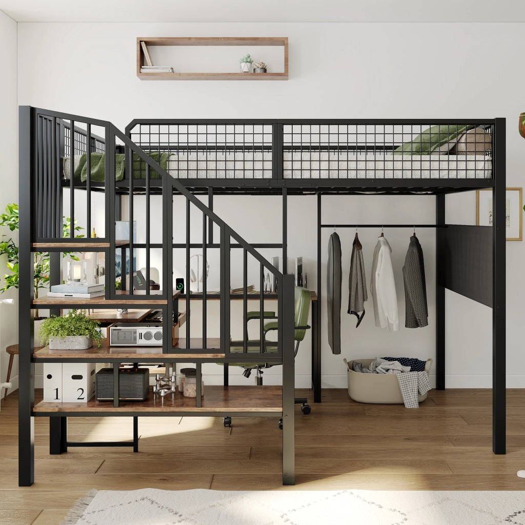 Letto a soppalco 2 posti 140 x 200 cm con presa, scrivania d'angolo in L e mensola tastiera, letto matrimoniale con tasca laterale, rete inclusa, nero