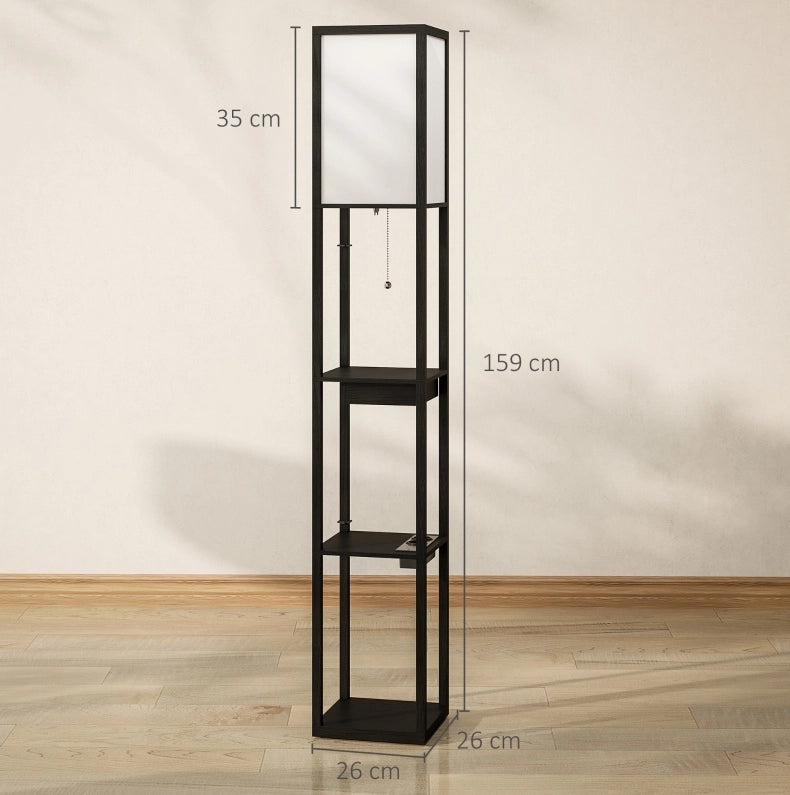 Lampada da terra nera con ripiani e prese USB