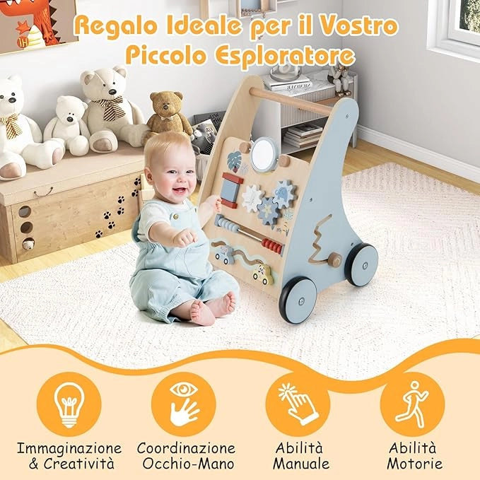 2 in 1 Girello Neonato in Legno, Carrello Primi Passi per Bambini, con Giocattoli Montessori, Scomparto Portaoggetti, per Bambini 3+ Anni