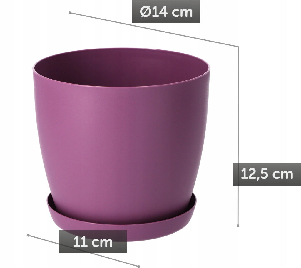Vaso da fiori KADAX con sottovaso, vaso in plastica da 14 cm, coperchio, fiori, viola opaco