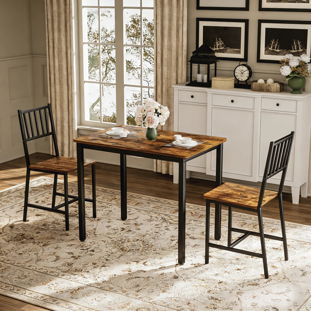 Tavolo da Pranzo con 2 Panche ¨C MINIMAL ¨C Legno Marrone Rustico e Nero