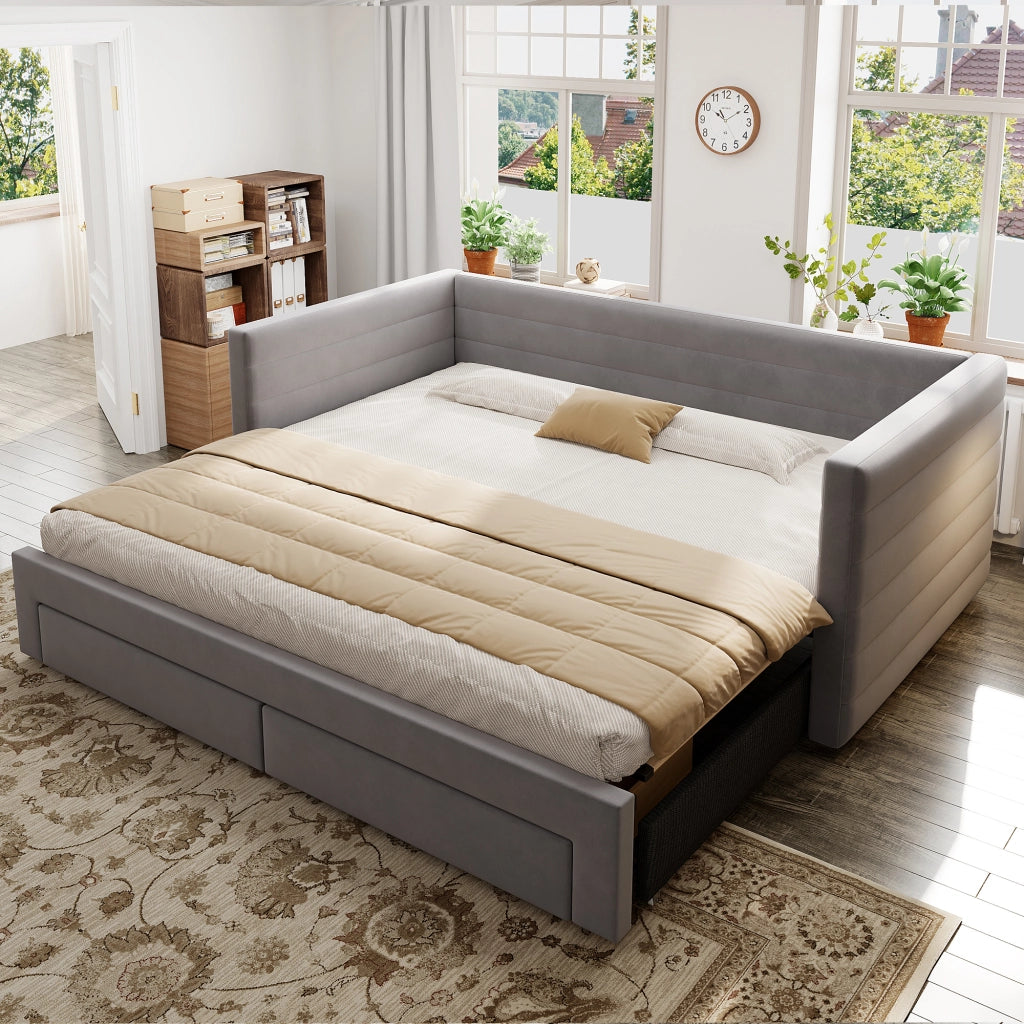 Divano letto 3 in 1 imbottito estraibile 90x190 cm in cotone e lino grigio; con cassetti